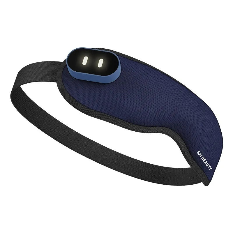 Lycra fabric sleep eye mask with steam and massage functions, shown with USB cable
