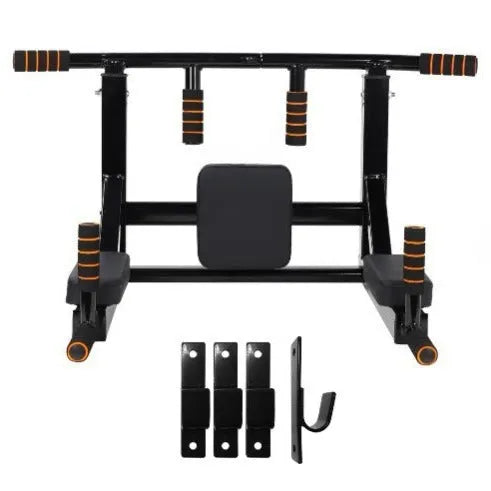 Black wall-mounted metal sandbag rack and parallel pull-up bars fitness equipment