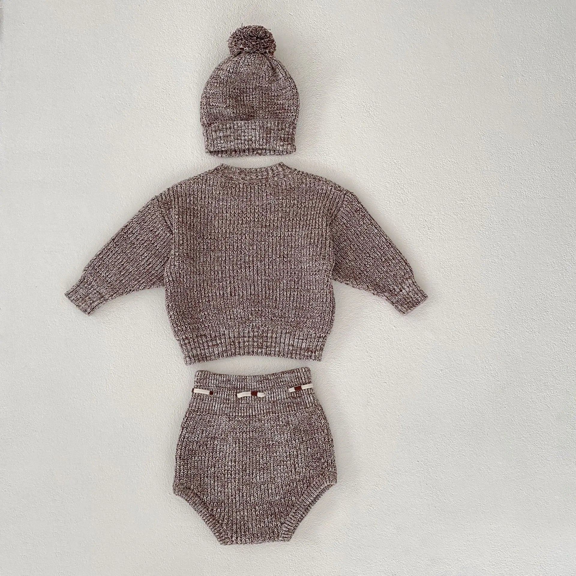 Infant baby girl dark brown cotton three-piece set with blouse, shorts and fur ball knitted hat
