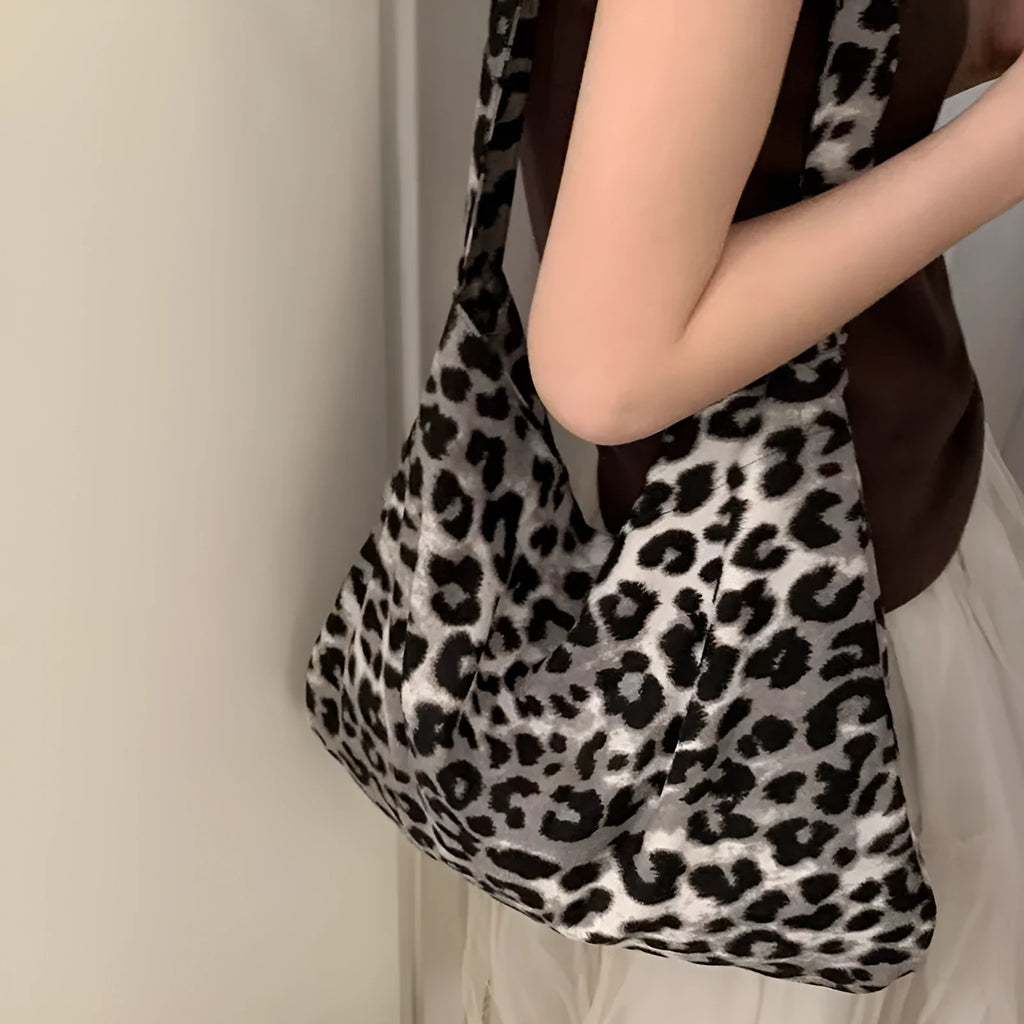 Large capacity casual women's bag in brown yellow corduroy with leopards print and double layer design