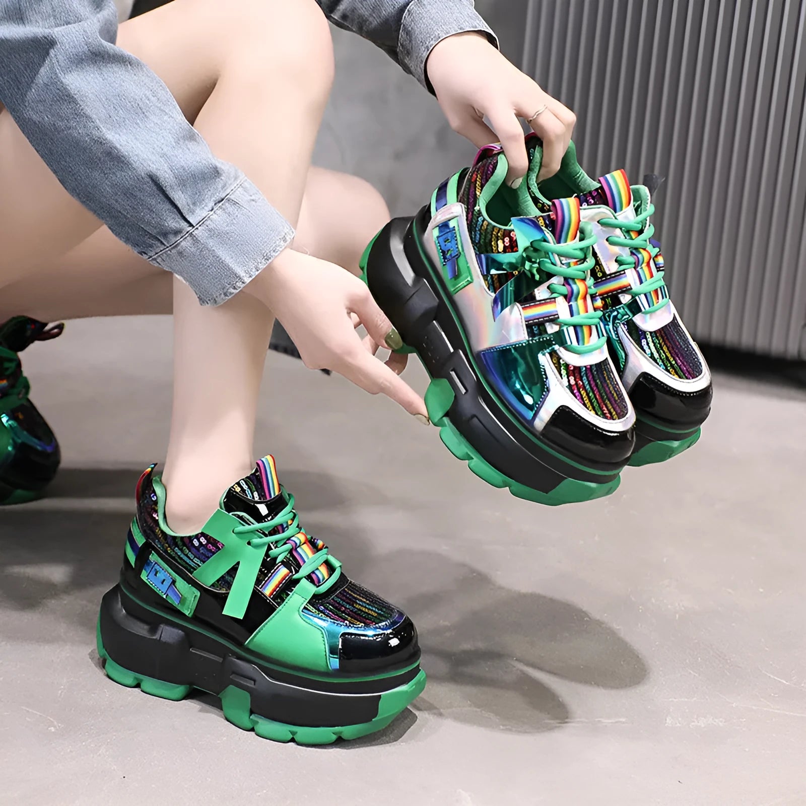 Women's casual lace-up shoes in patent PU leather with colour block pattern, round toe, and mid heel