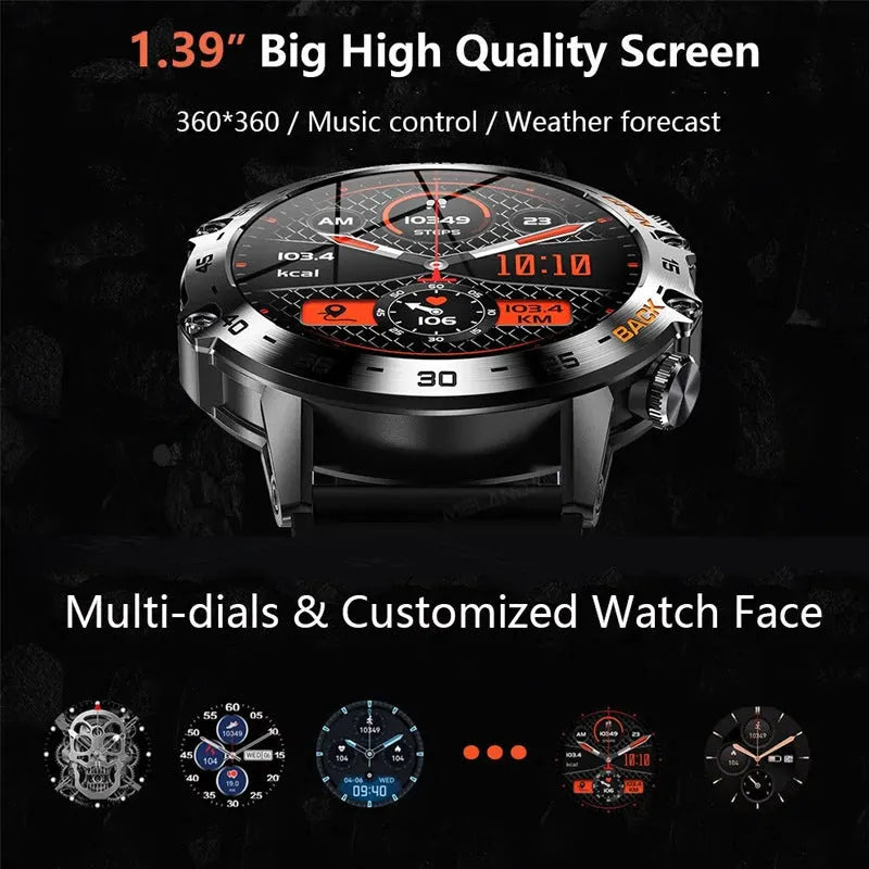 Bluetooth calling smart watch with IP68 waterproof case and colour options including black and silver straps