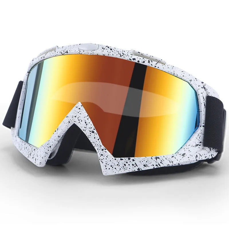 Motorcycle CrossCountry goggles with pure TPU full rim frame, windproof design, and frame colour swatches