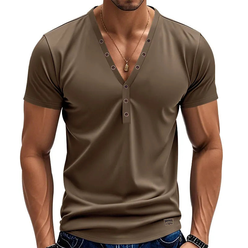 Men's loose V-neck sports pullover in solid colours with button detailing