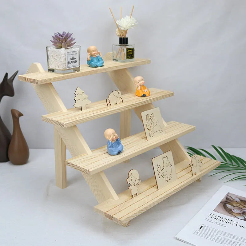 Multi-layer wooden stepped shelf, floor-standing, in Natural Wood Colour or Walnut Colour, 2 to 5 tiers