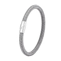 Geometric titanium steel wire bracelet with magnetic clasp on a wrist, shown in a matte grey finish.