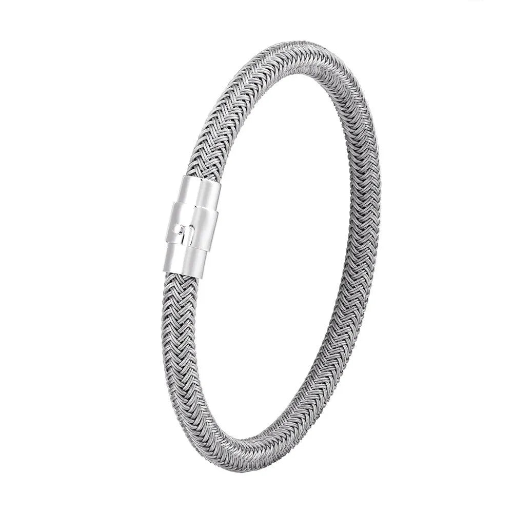 Geometric titanium steel wire bracelet with magnetic clasp on a wrist, shown in a matte grey finish.