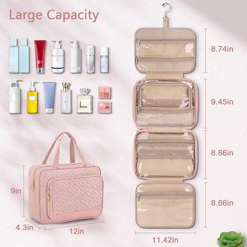 Waterproof polyester hanging cosmetic storage bag in pink colour showing dimensions