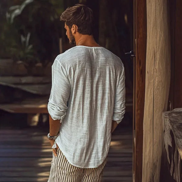 Beige V-neck slim fit long-sleeved t-shirt on hanger showing front view
