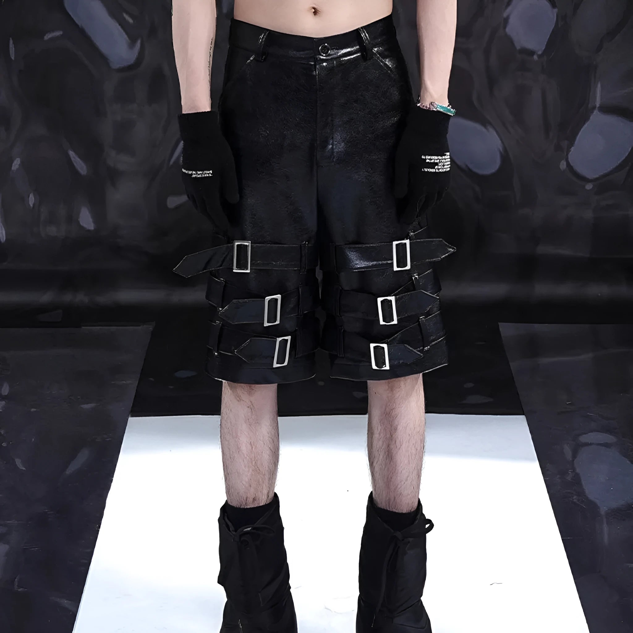 Black men's cropped PU leather shorts with ring detail on a hanger