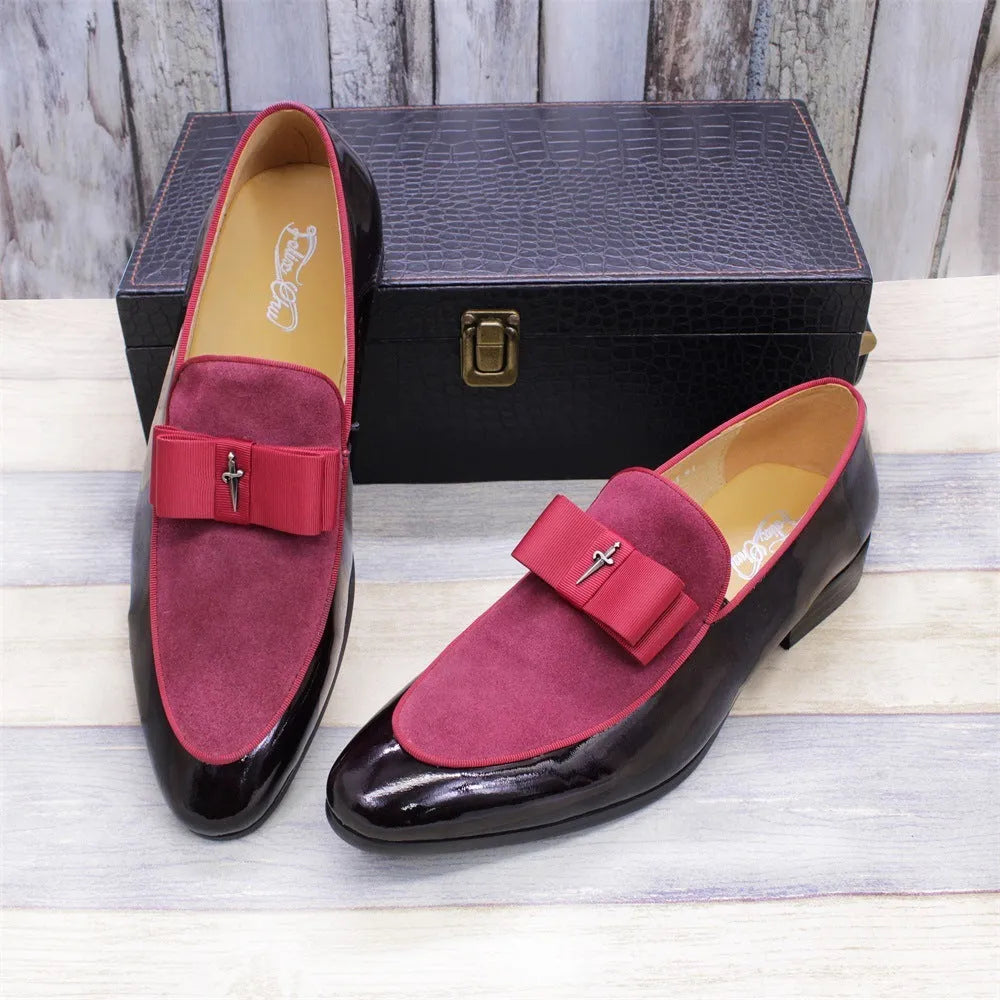 Men's glossy black patent leather low-top shoes with a tassel detail on a white background