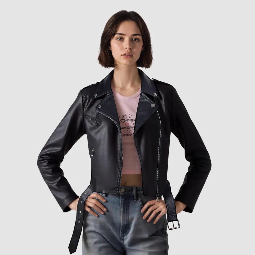 Women's short black PU leather jacket with lapel collar and an adjustable waist belt on a hanger.