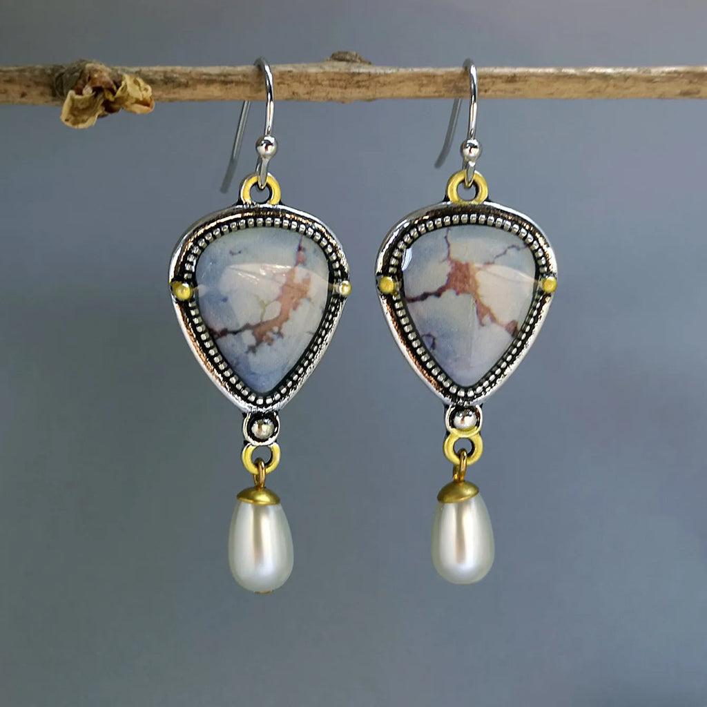 Retro blue drop earrings with synthetic opal and pearl geometric design