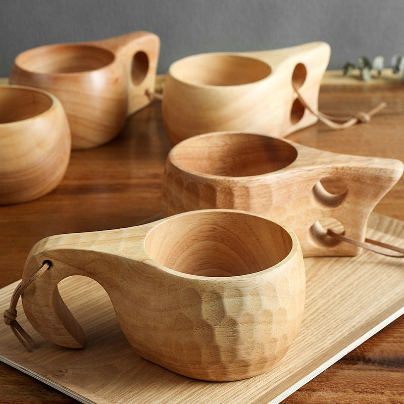 Wooden Breakfast Cup Large Capacity Milk Coffee Mug – Premium Oak Wood Tea Beer Cup with Hanging Rope