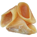 Natural cowhide dog chew rod in hoof shell colour, shown in small and large size options.