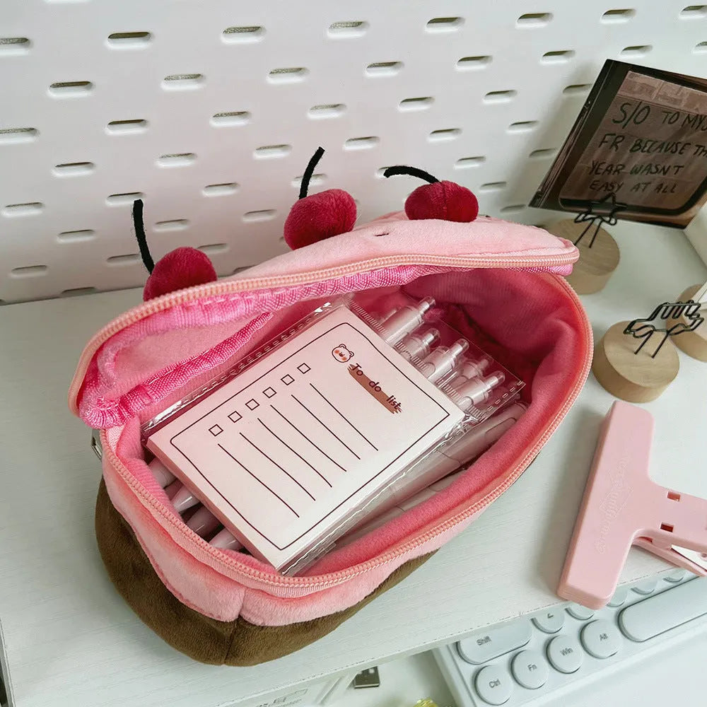 Cherry Cake coloured Korean style velvet plush pencil case.
