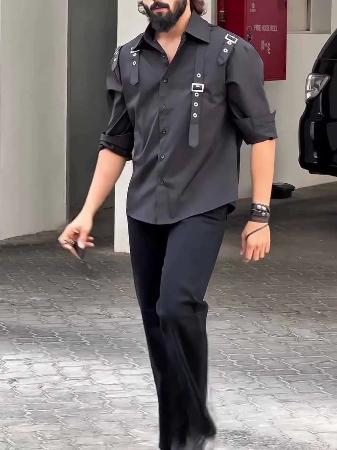 Men's black regular-fit polyester button-up shirt with a collar on a hanger.