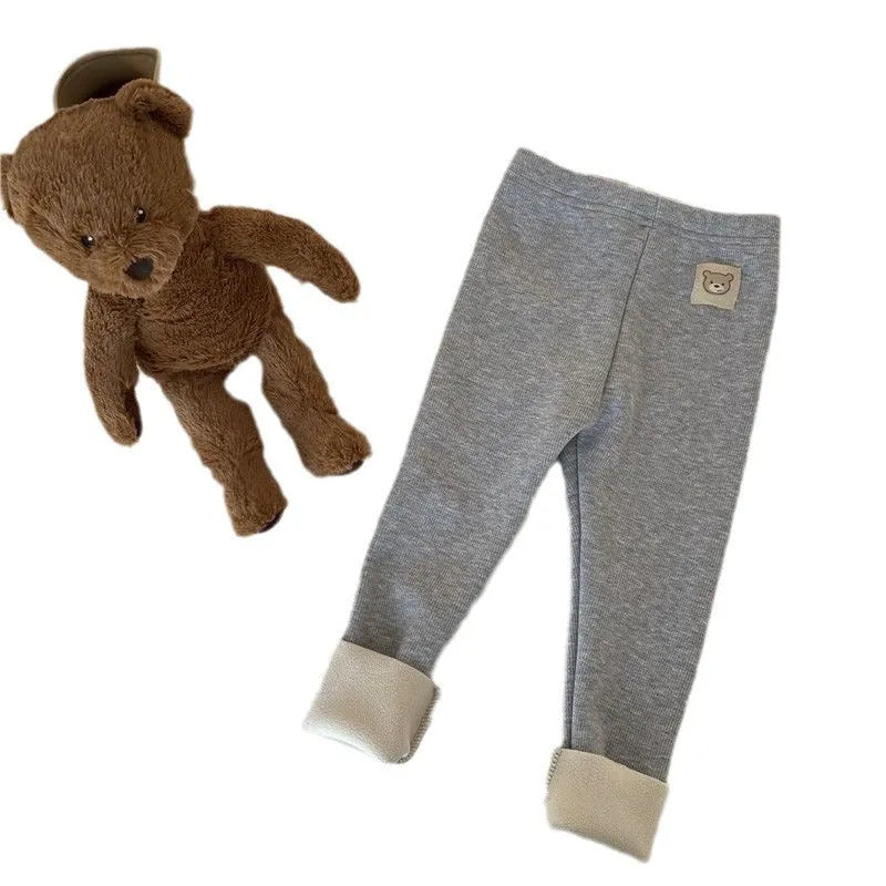 Girls' high-waist fleece-lined leggings in beige, black, brown, and grey colours on a size chart.