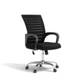 Black leather swivel office chair with metal frame, armrests, and 70cm backrest, model ZM-032