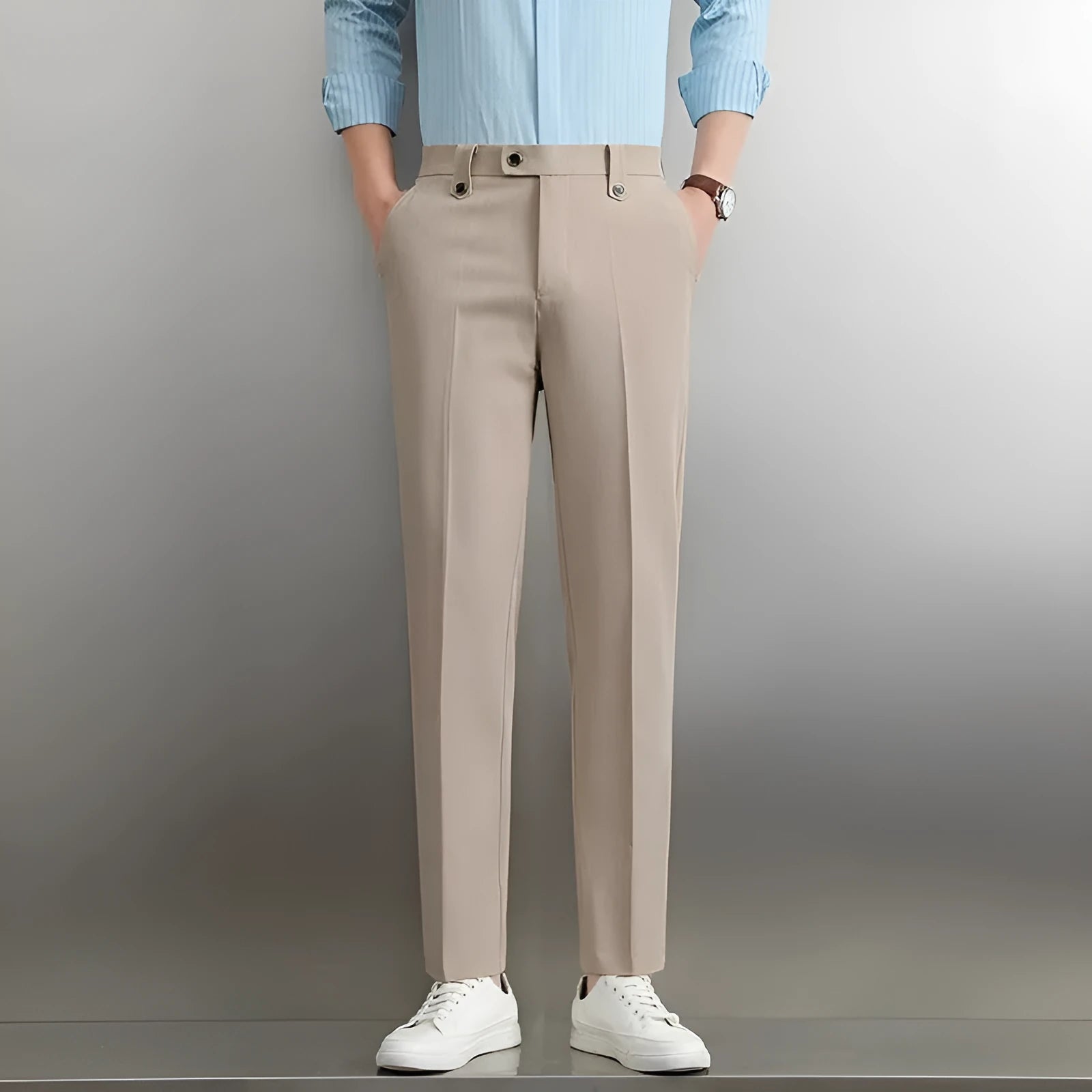 Men's loose straight business trousers in SF28 black elastic polyester fabric, front view