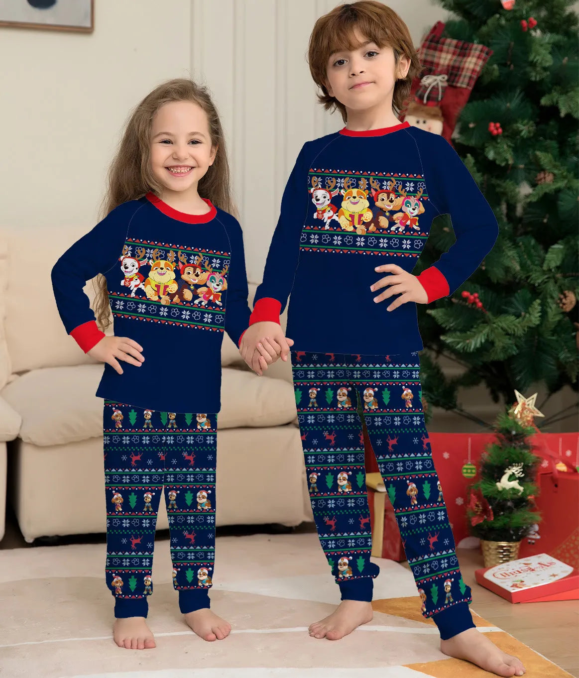 Matching family Christmas pyjamas set with plaid and deer print for adults, children, baby, and dog