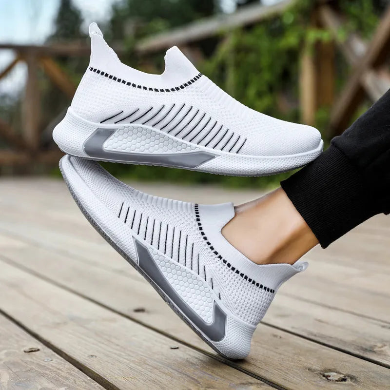 Men's breathable mesh sock shoes with flyknit upper and striped design in low-top slip-on style