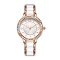 Women's quartz watch with ceramic-style steel strap, alloy case, and 31.1mm white dial in rose gold