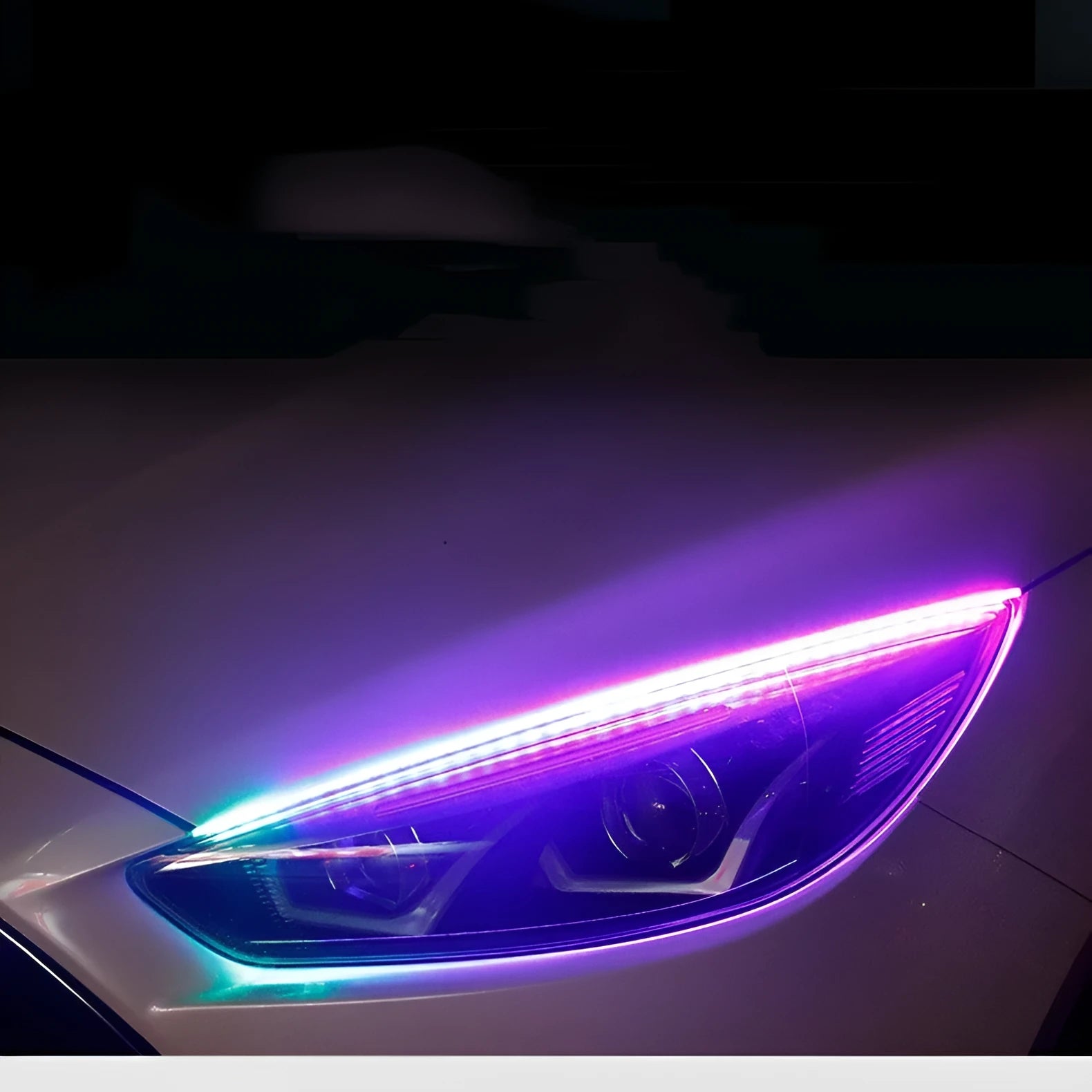 RGB colour-changing LED day running light strip with remote control, shown in 30cm, 45cm, and 60cm lengths.