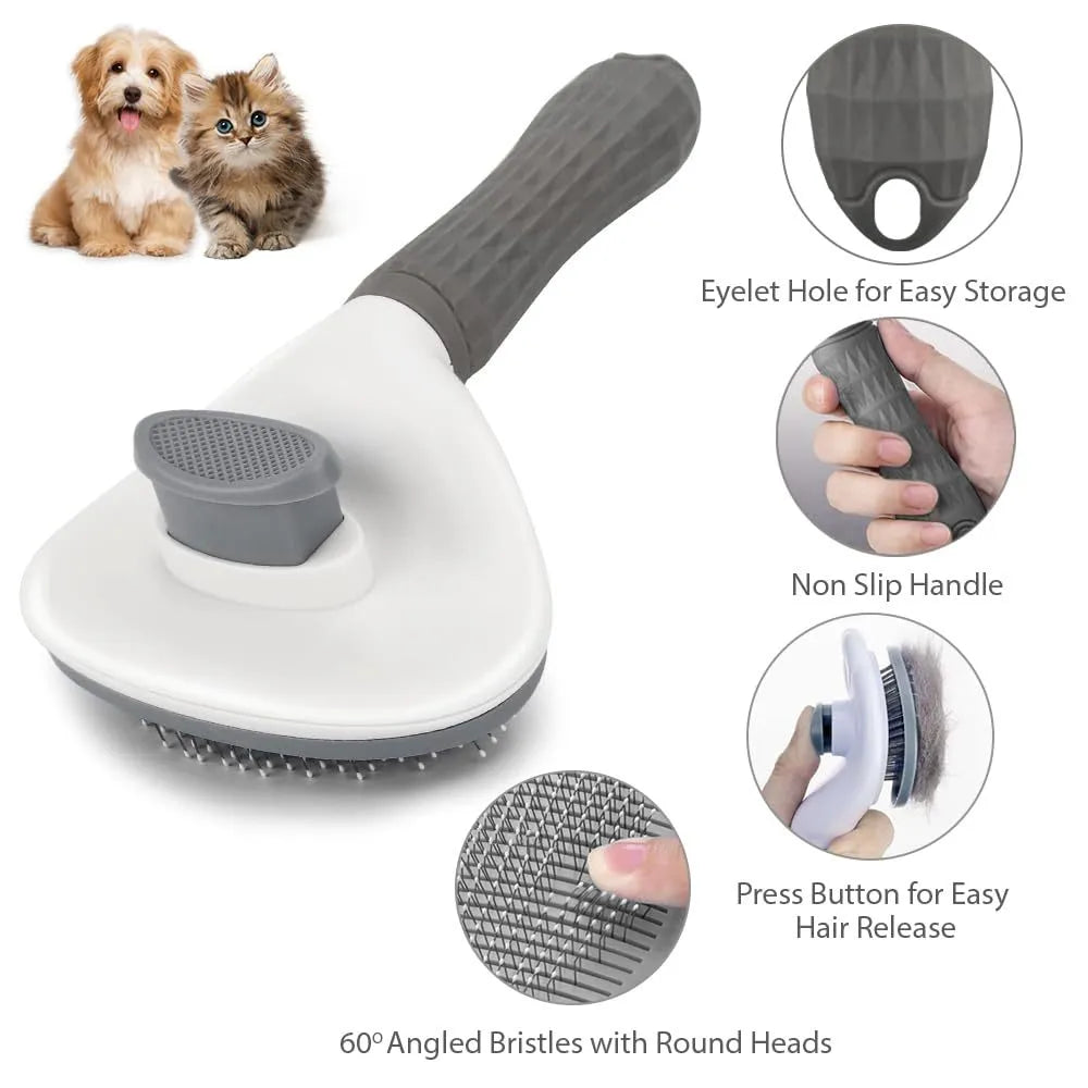 Blue cat grooming brush with release button for removing loose fur on indoor cats
