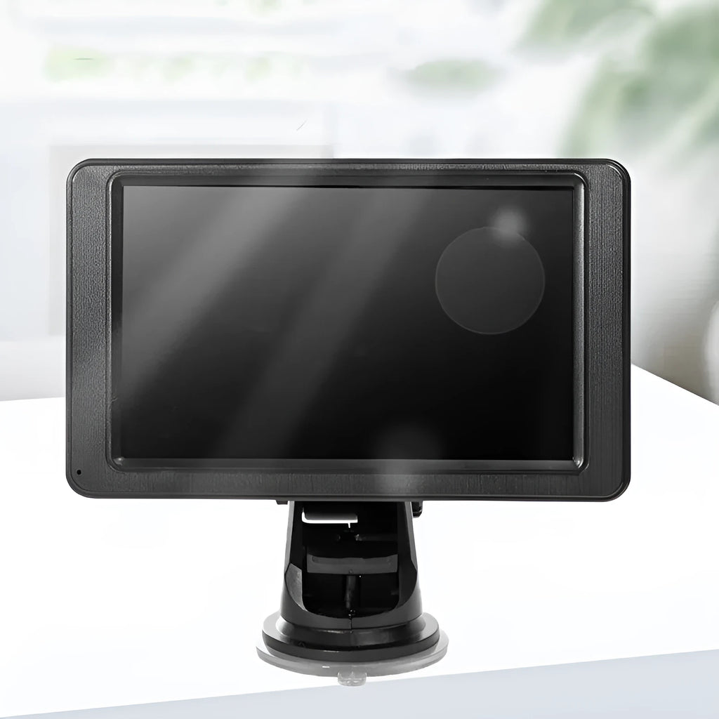 Black portable vehicle-mounted MP5 player with 7-inch LCD screen on a car dashboard bracket.