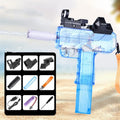 Uzi style electric water gun toy with transparent blue plastic body and attached accessories on a white background.