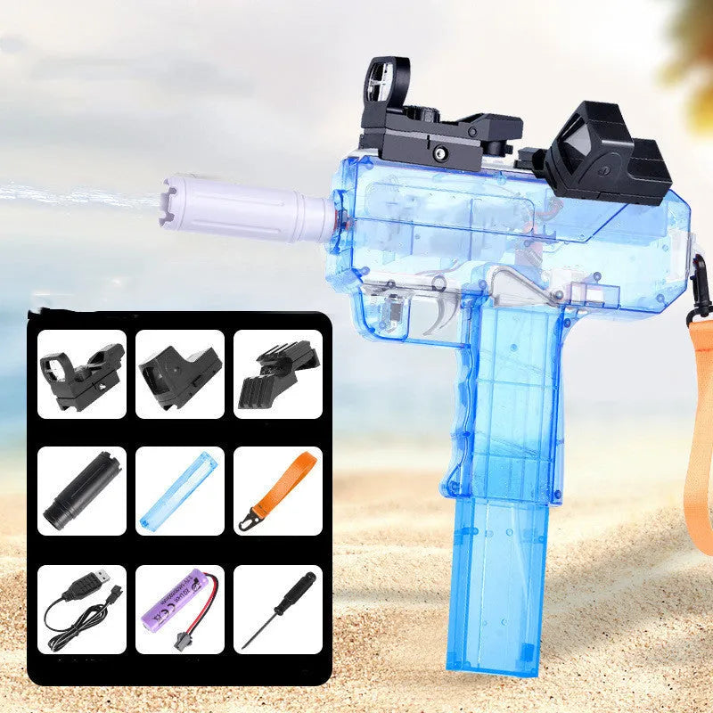 Uzi style electric water gun toy with transparent blue plastic body and attached accessories on a white background.