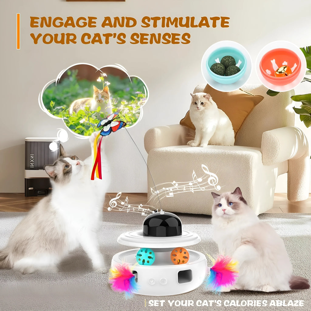 White electric mute cat toy with feather attachment, made of ABS and TPR, for indoor cats.