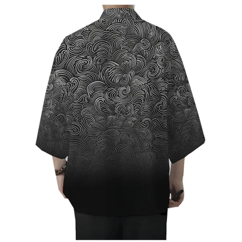 Men's loose 3D printed polyester cardigan coat in a colourful pattern, three-quarter sleeves, casual fit
