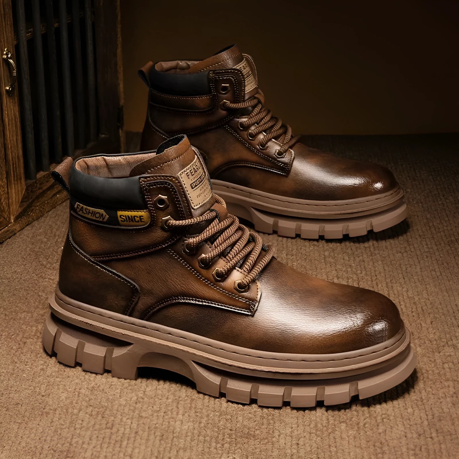 Men's brown lace-up Martin boots with round toe and rubber sole on a neutral background