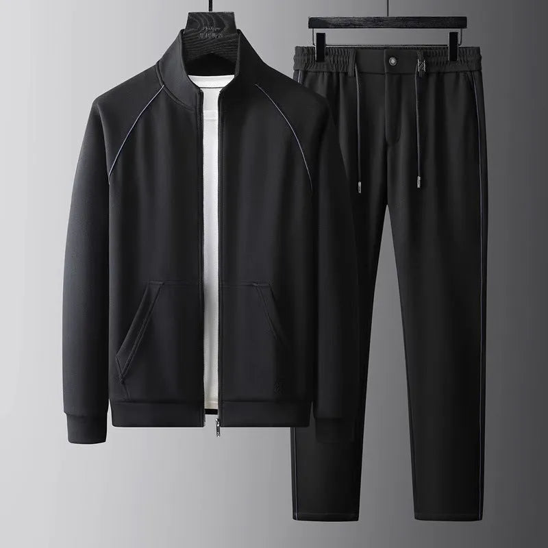 Slim fit stand collar casual sports suit set in black, black velvet, or coffee colour.