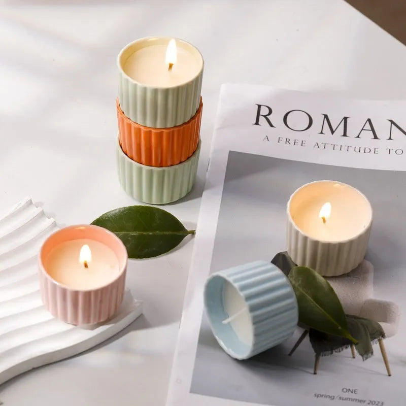 Indoor soy aromatherapy candle in ceramic cup, available in twelve scents and six colours