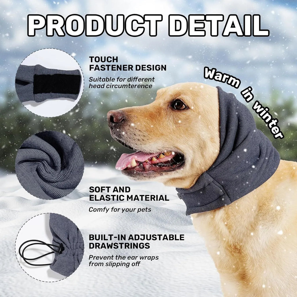 Gray dog calming hoodie ear wrap with adjustable fit for noise protection and anxiety relief