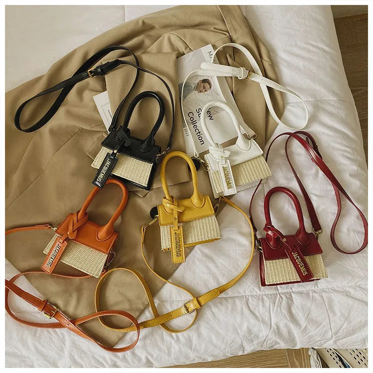 Women's woven PU crossbody bag in white, black or orange with single strap, 12cm wide, 10cm high and 6cm thick