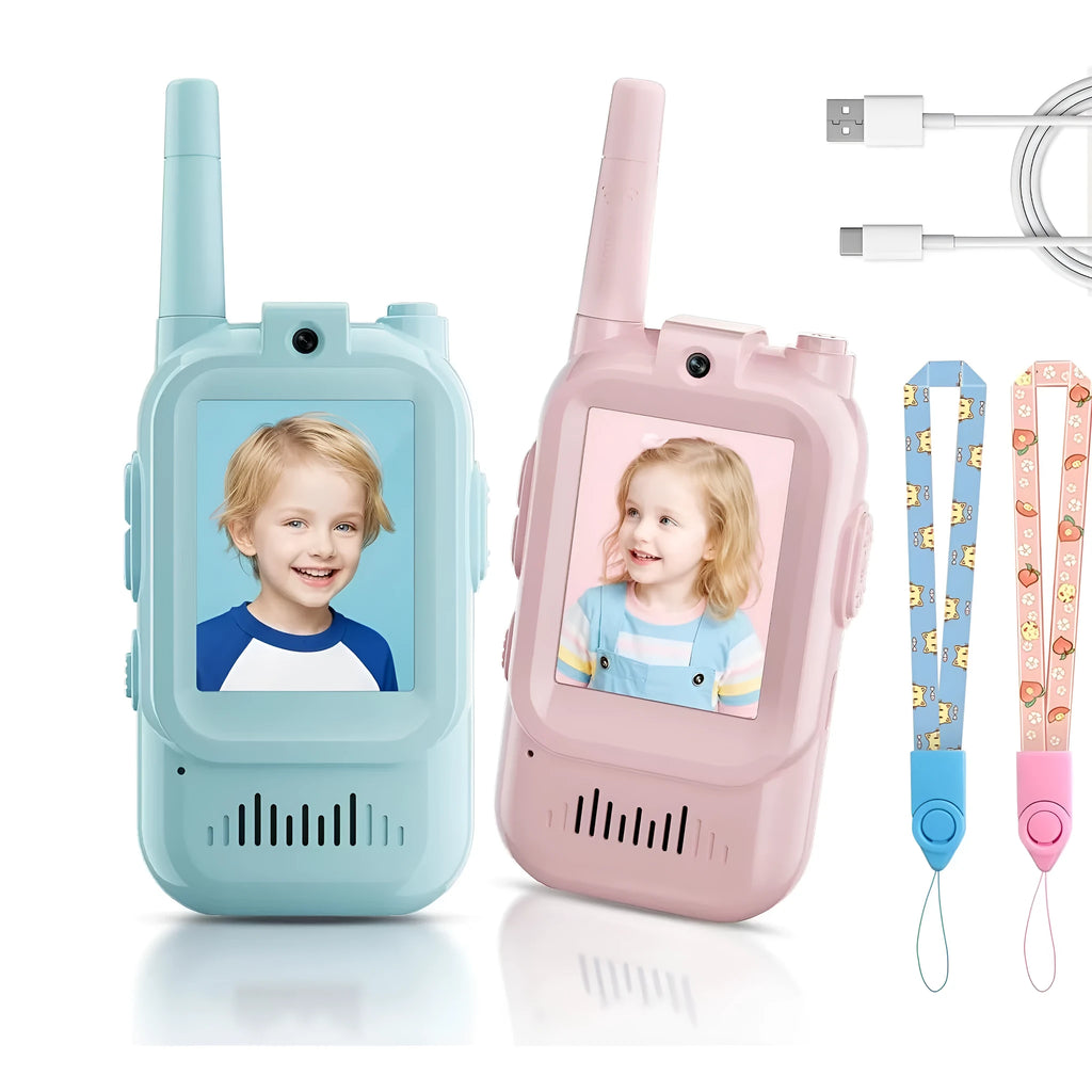 Two mini video walkie talkies for kids in pink and blue with 2.0 inch screen and charging cable