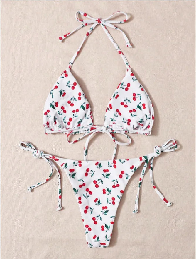 Solid colour split halter bikini top with matching backless briefs on a model