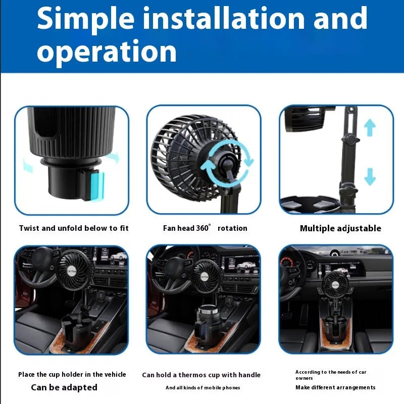 Portable ABS plastic fan unit designed to sit in a car cup holder, with options for 12V, 24V, or USB power.
