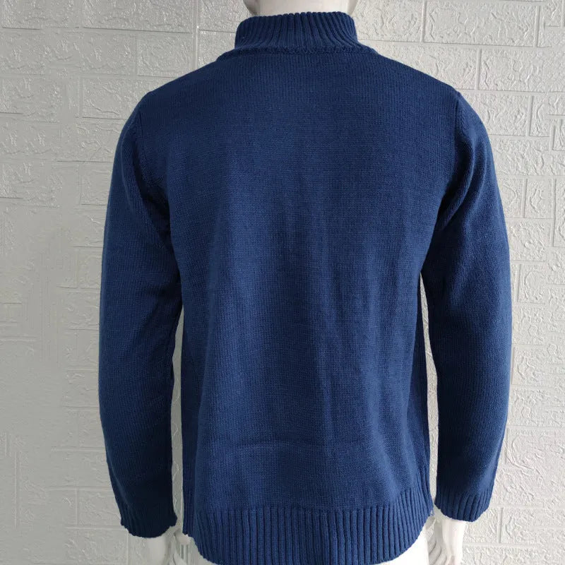 Men's stand collar acrylic knit button cardigan in black, long sleeves, ribbed hem, winter casual wear