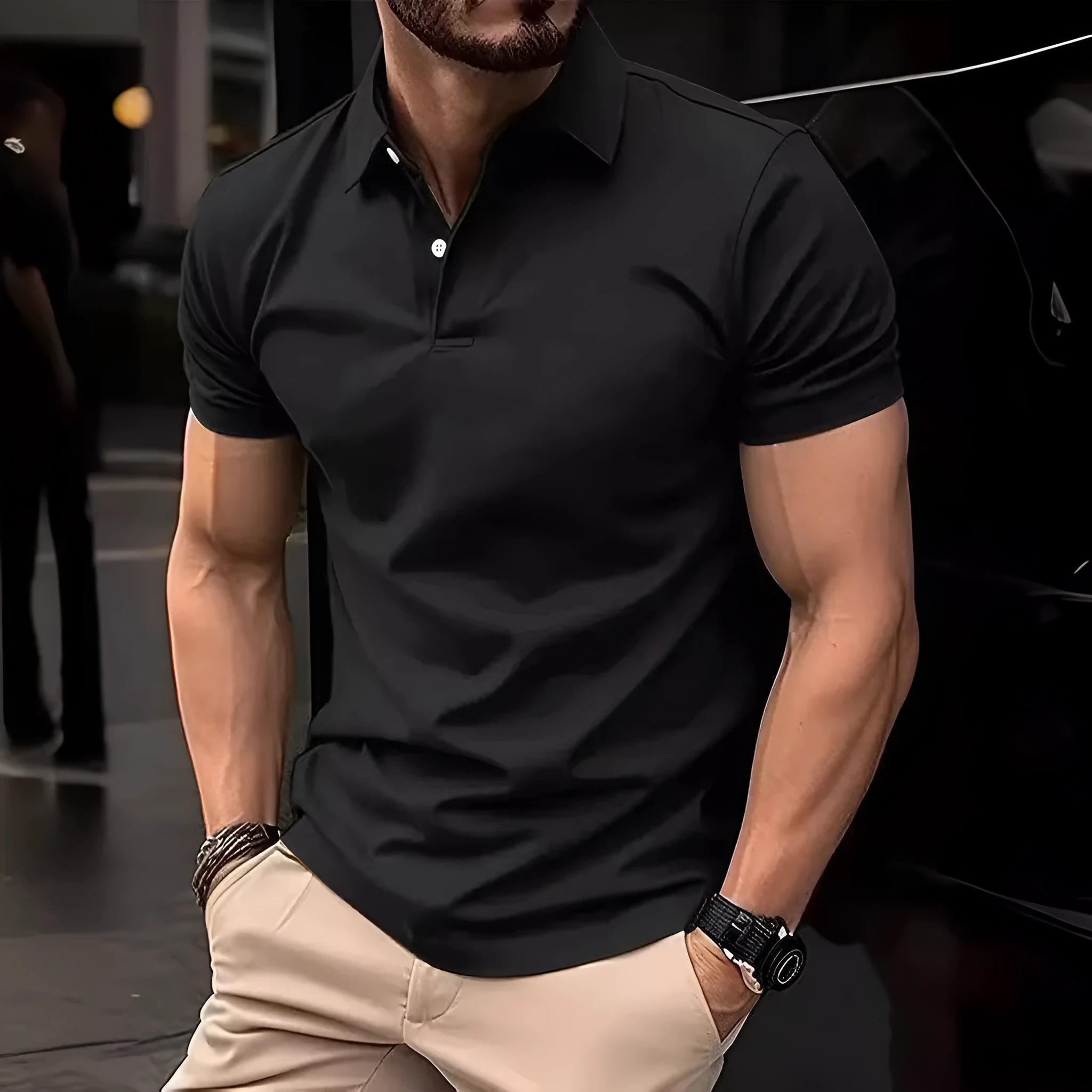 Men's slim fit short sleeve casual shirt in a solid colour on a hanger