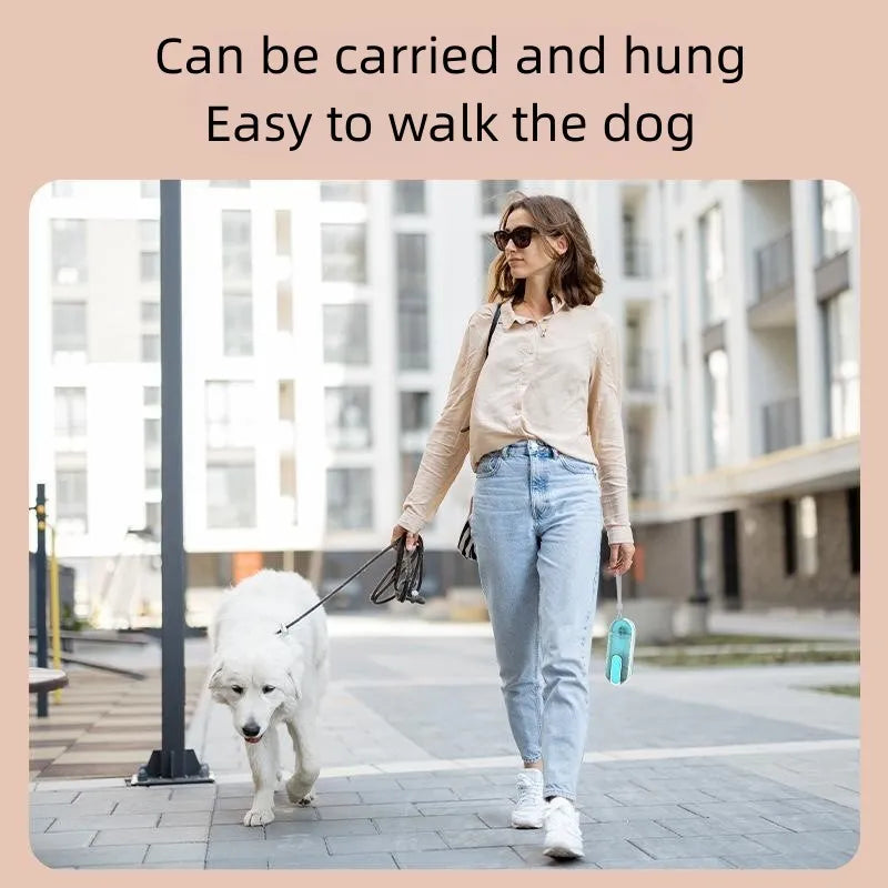 Blue portable dog water bottle with a foldable silicone drinking bowl deployed, for outdoor use.