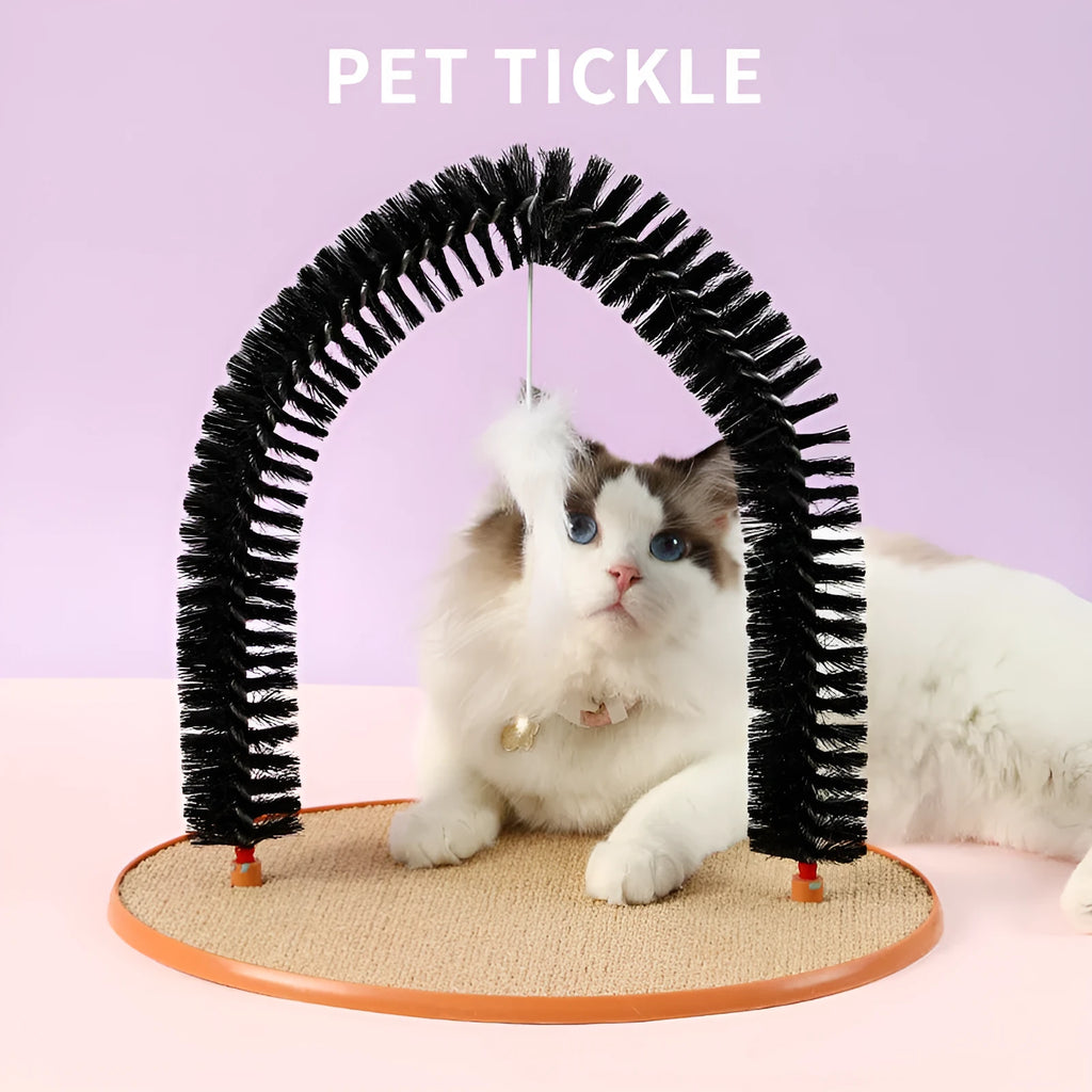 Black arch-shaped cat grooming brush with attached mouse toy on non-slip base
