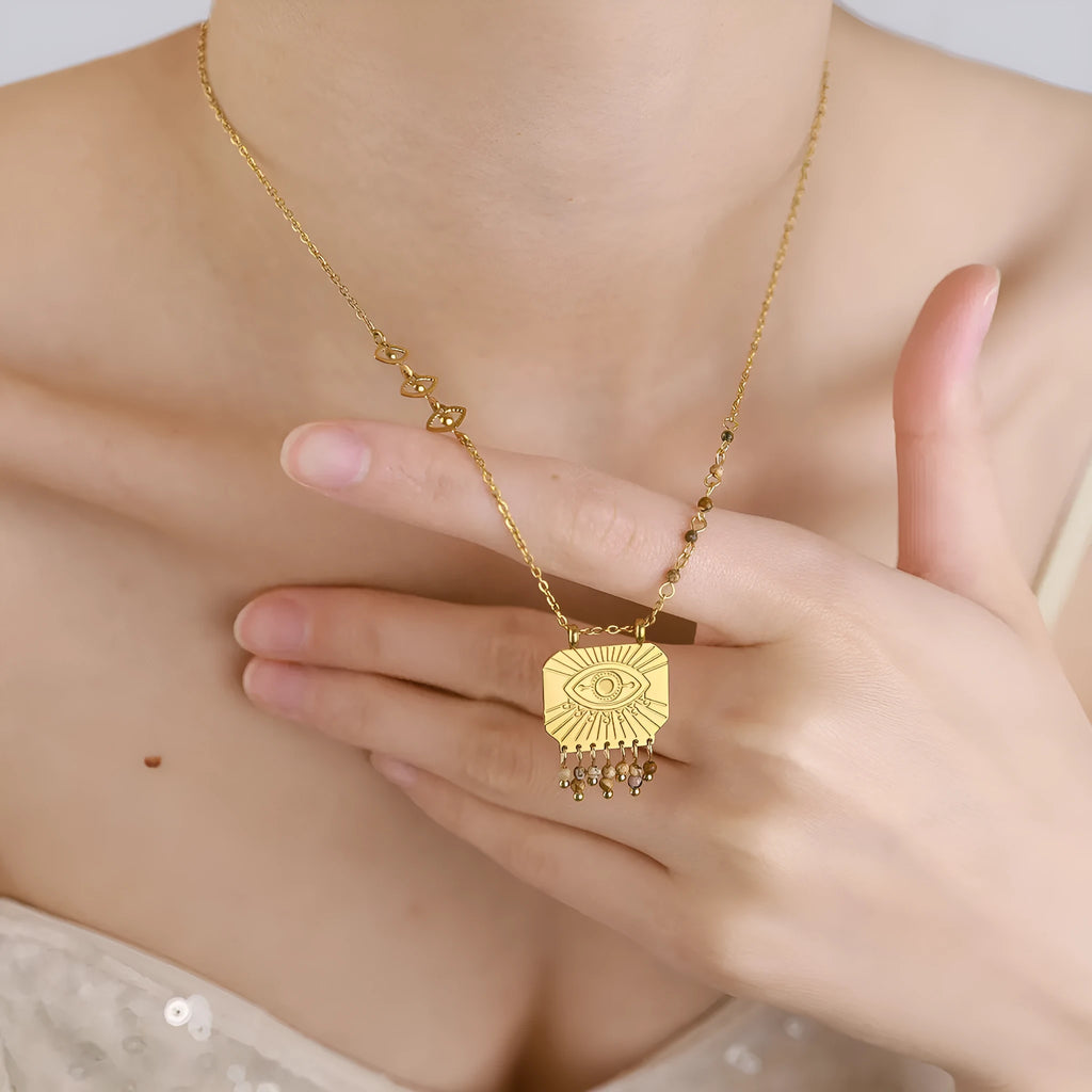 Gold retro natural stone square pendant necklace with bohemian evil eye on titanium steel chain