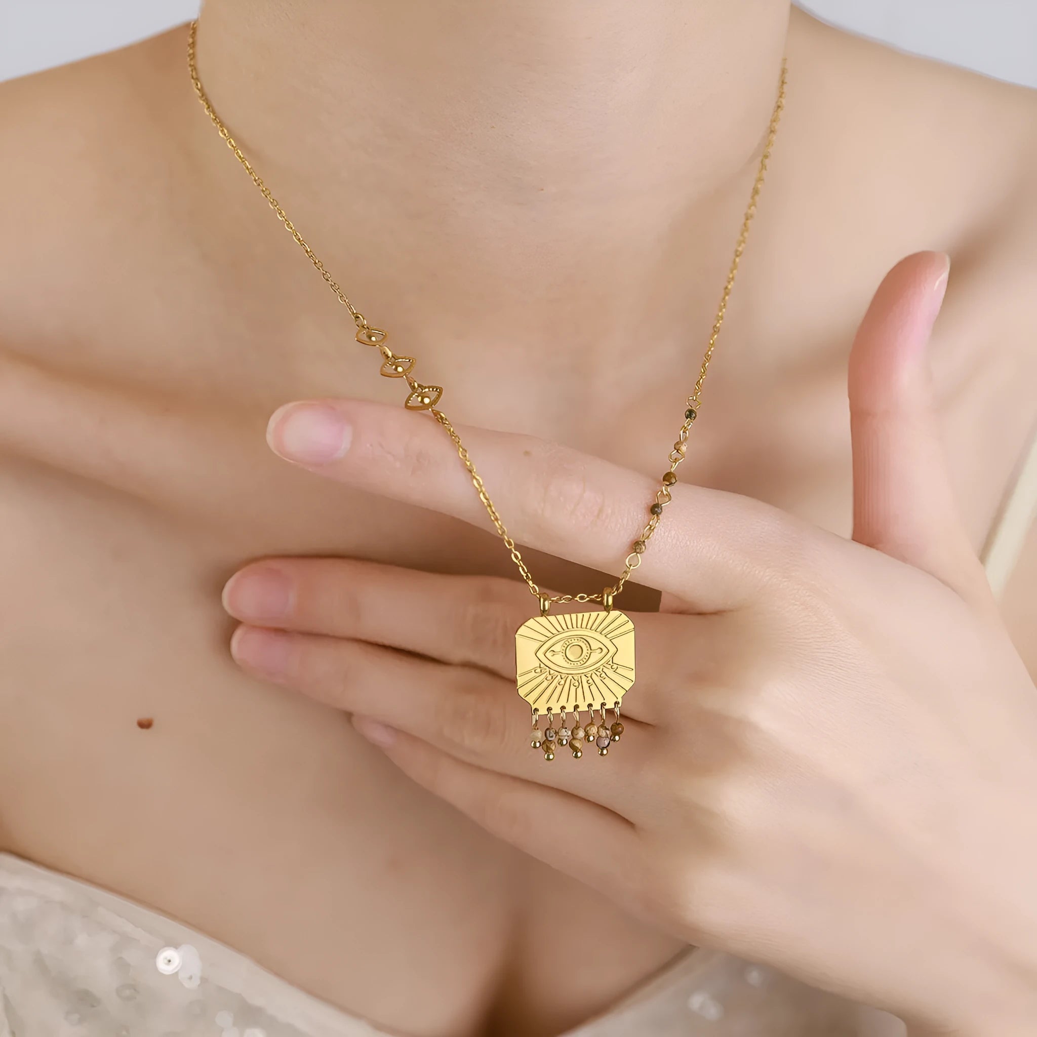 Gold retro natural stone square pendant necklace with bohemian evil eye on titanium steel chain
