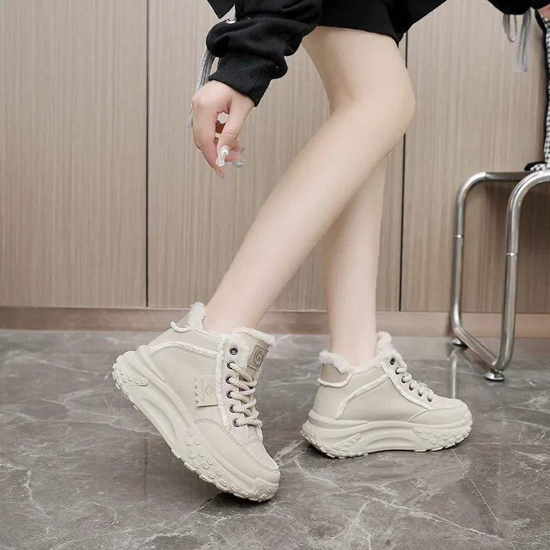 White low-top women's platform snow boots with sequins, artificial PU upper, rubber sole