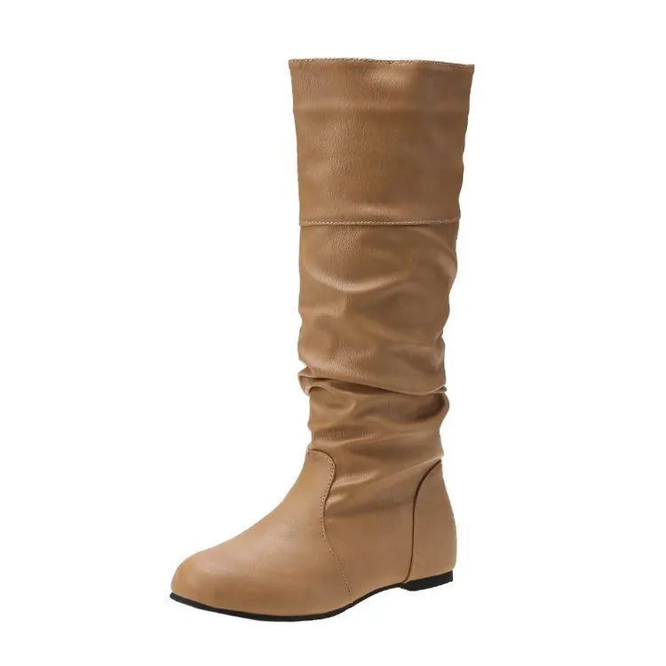 Women's black slip-on flat long boots with round toe and high shaft